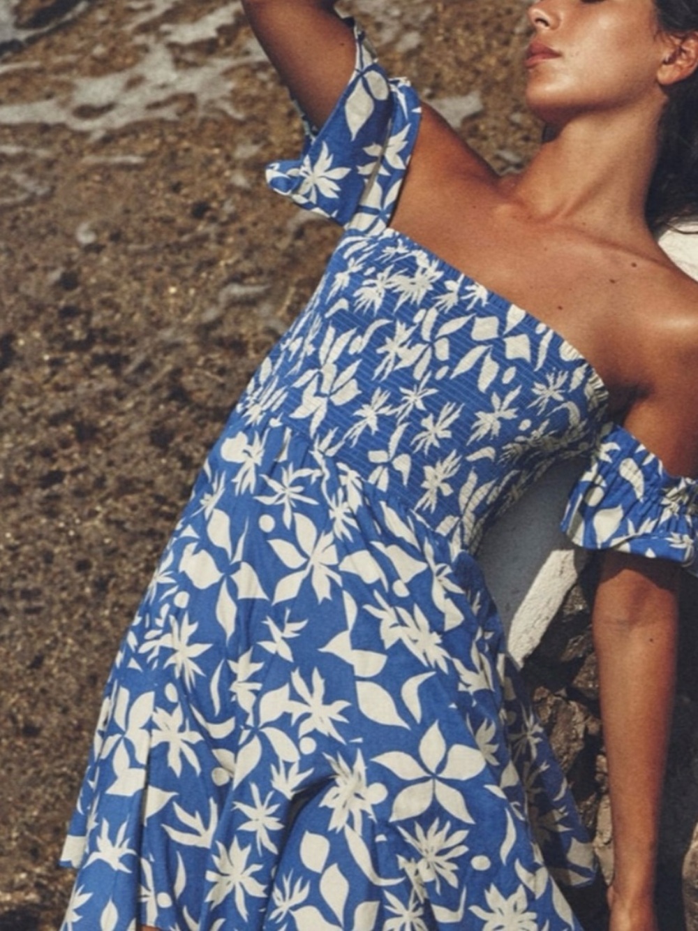 Zara Blue and White Floral Off-Shoulder Maxi Dress
